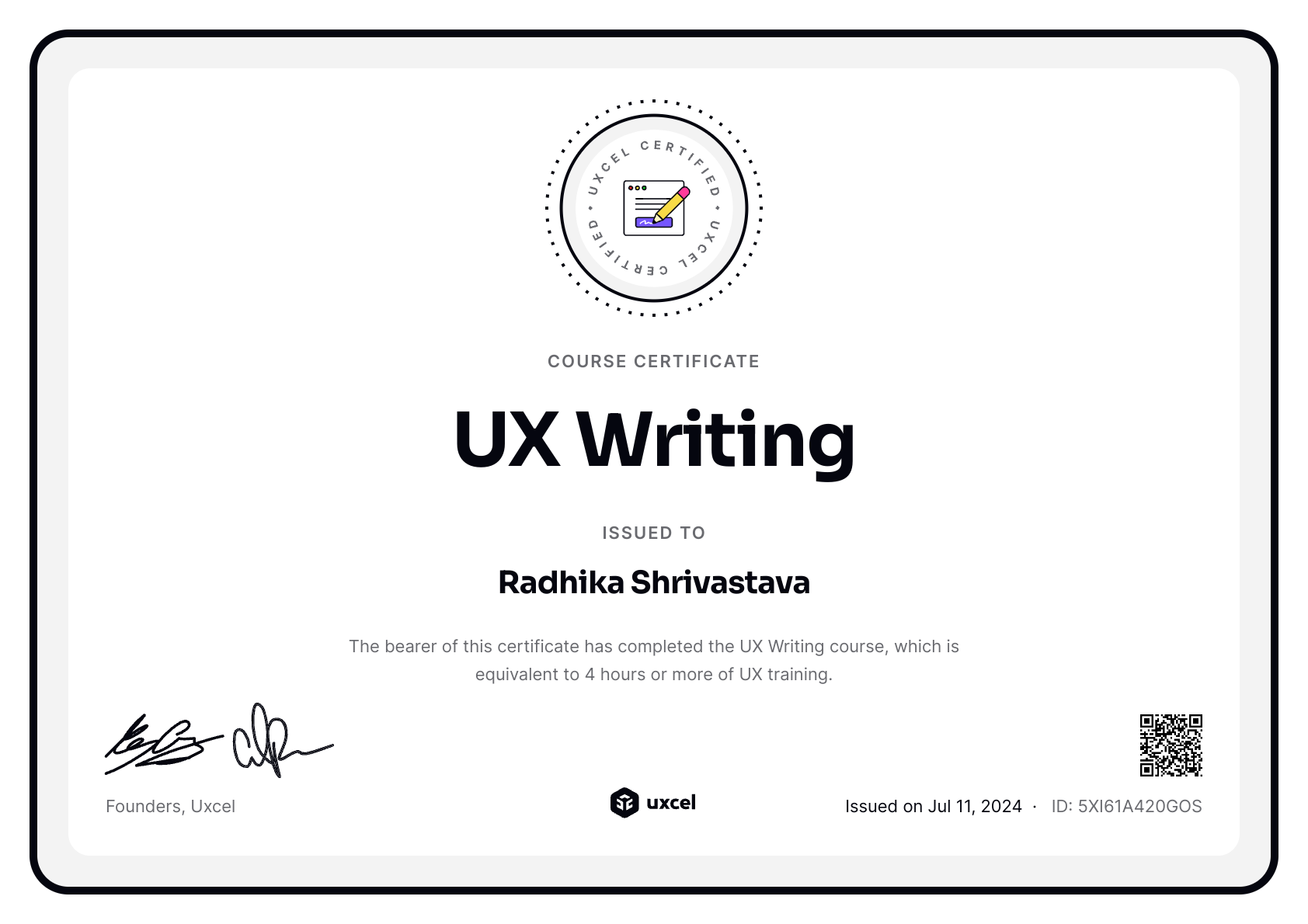 Radhika Shrivastava's certificate